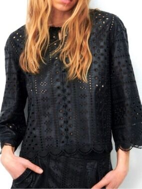 Zara Black Faux Leather Eyelet Scalloped Edge Button Front Top Size Medium NWT